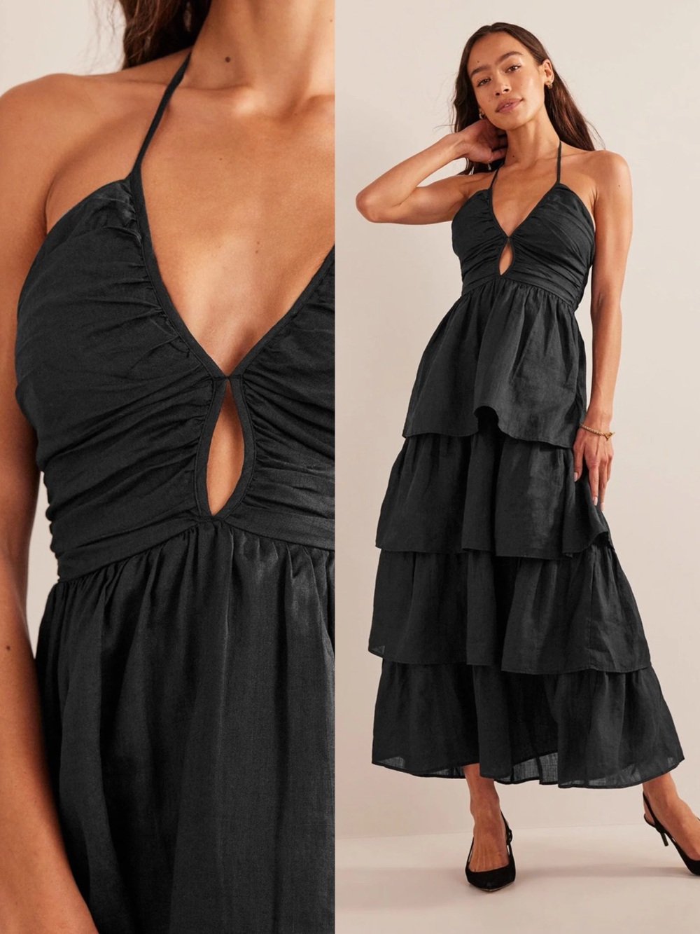 Boden • Ruched Tiered Maxi Dress black halter faux linen summer lightweight